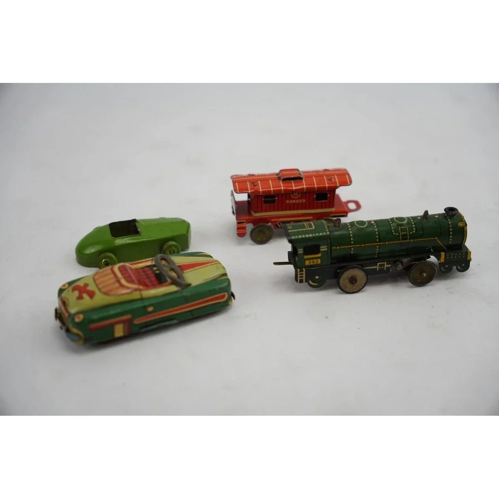 Vintage Tin‎ Toy Cars and Train Set Green Red Ranger Loco Japan